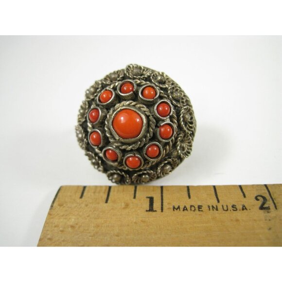 Vintage Silver Tone Ring Floral Glass Adjustable Fit Artisan Statement Size 6 - Picture 6 of 9